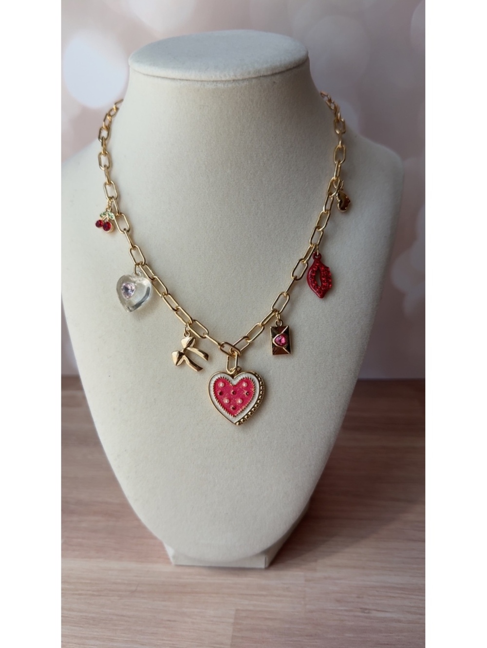 Heart Bow & Cherry Charm Necklace